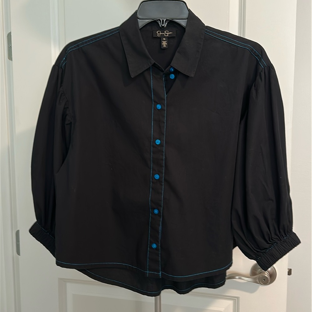 Jessica Simpson Black Casual Button Down Shirt Relaxed Fit/Turquoise Stitching